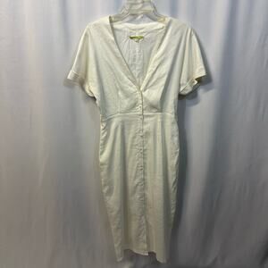 Gianni Bini White Linen Blend V-Neck Midi Dress Cap Sleeve Summer Small